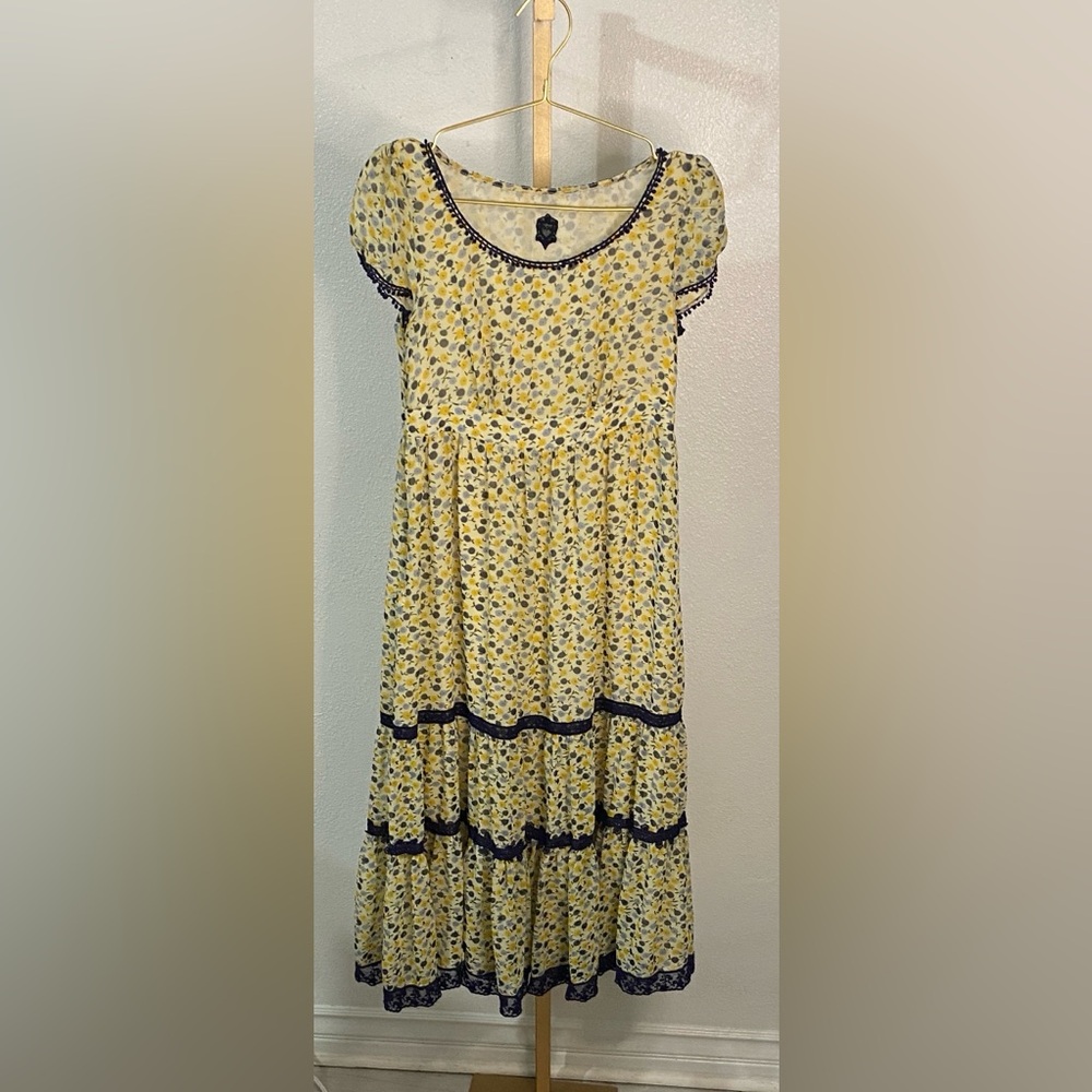 Ochirly -Floral Tiered Midi Dress Blue Yellow Boho Cottagecore Size M
